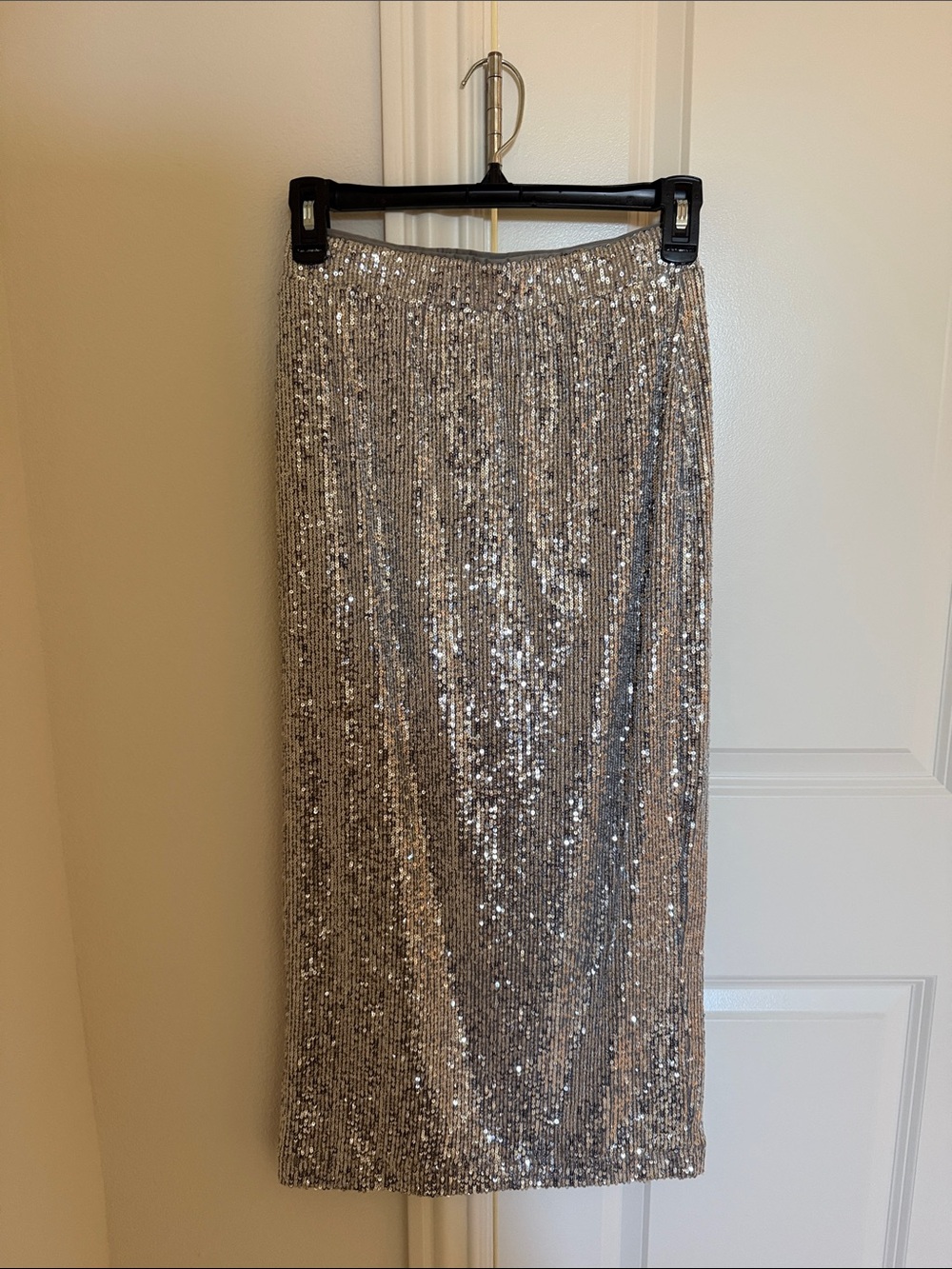 NWT Silver Sequin Midi Skirt - Elegant Straight Silhouette